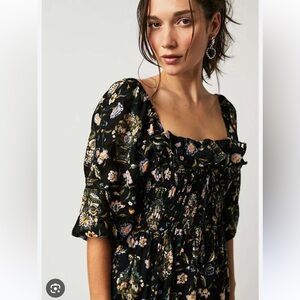 Free People Printed Oasis Shirred Smocked Square Neck Midi Dress